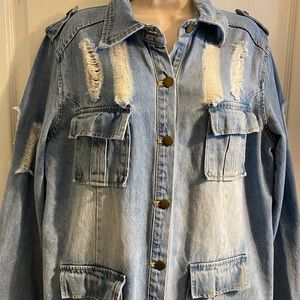 Tanming Women's Distressed Ripped Long Denim Jean Coat Size XXL